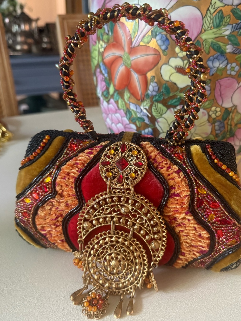 Retired Mary Frances "Taj Mahal" Velvet Hard Shell Jeweled Medallion Handbag